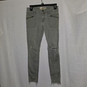Hollister Super Skinny Green Gray Faded Distressed, Holes Sz. 1 Waist 25 Frayed